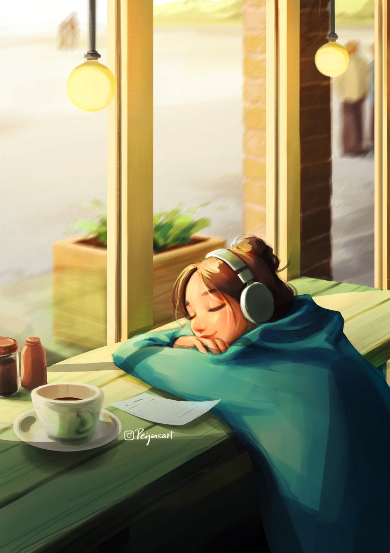 Настроение.... - Cozy Afternoon - Art Print - Girl Listening Music - Chilling in Cafe - Warm Sunshine - Coffee Time - Soothing Vibe - Peijin.jpeg